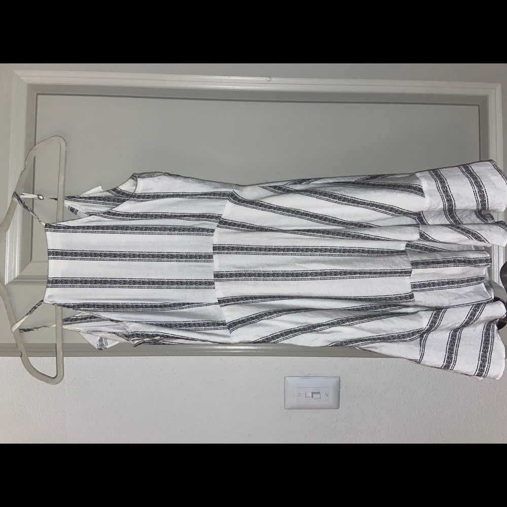 White and grey striped ruffle dress